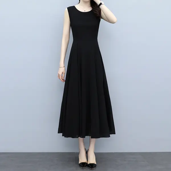 민소매 플레어 롱 원피스 블랙 데일리 코디